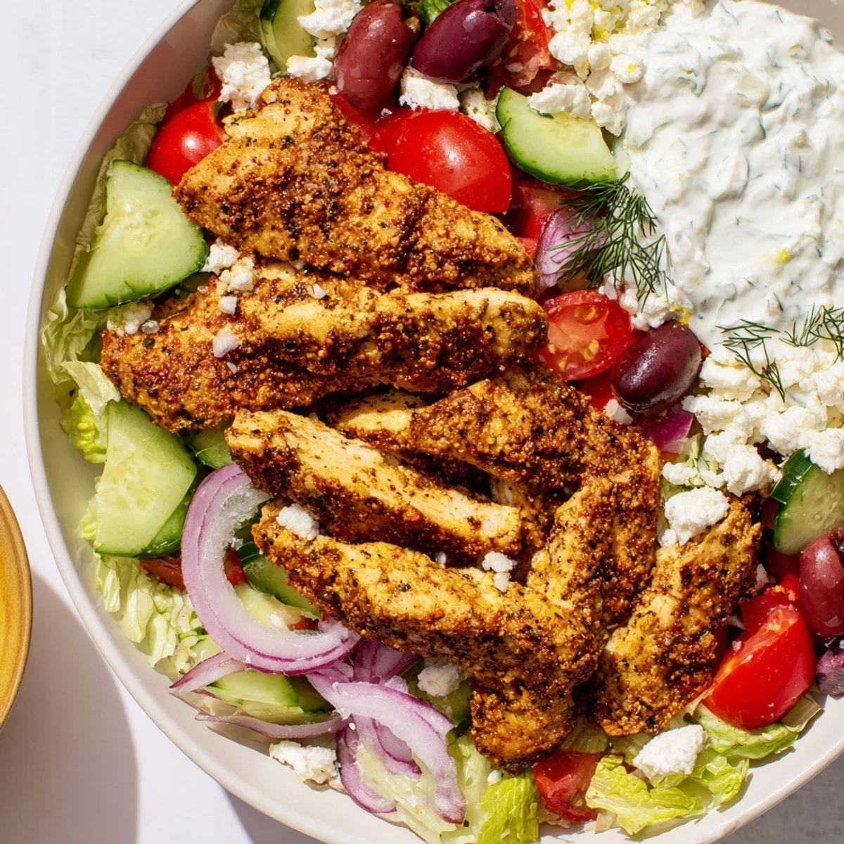 Colorful Greek Chicken Gyro Bowls with grilled chicken, olives, feta, and fresh tzatziki ready for a healthy dinner.