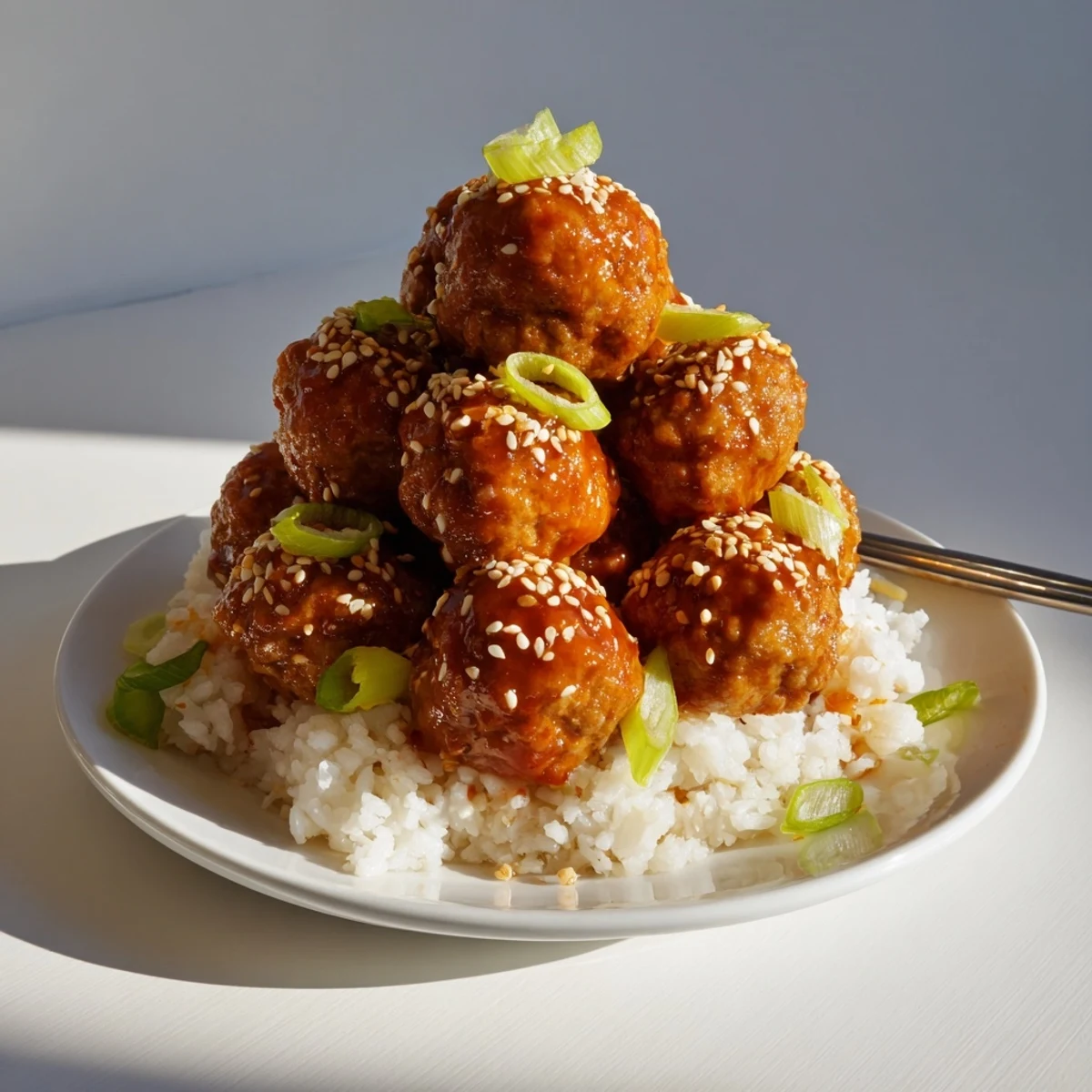 The finished Spicy Sriracha Beef Meatballs with Rice dish, featuring golden-brown meatballs in a glossy red glaze atop fluffy jasmine rice garnished with green scallions.