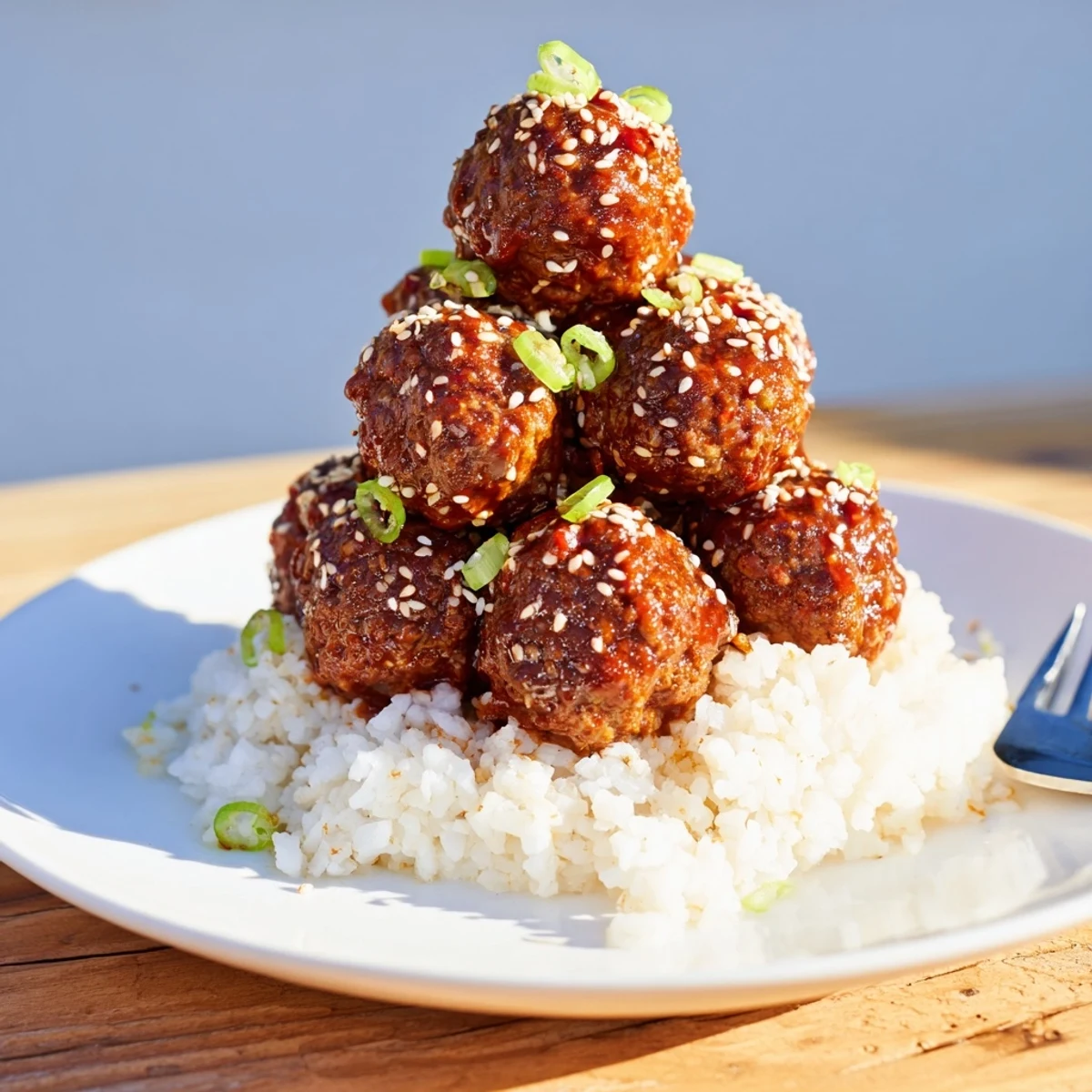 A close-up view of Spicy Sriracha Beef Meatballs with Rice, showing tender beef and sesame seeds beside a forkful of savory meat and steamed rice.