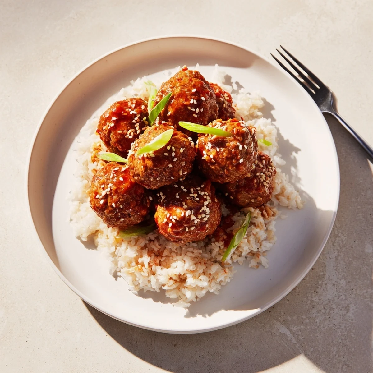 Overhead shot of Spicy Sriracha Beef Meatballs with Rice served on a dinner plate with chopsticks, showcasing the vibrant colors and appetizing texture of the meal.