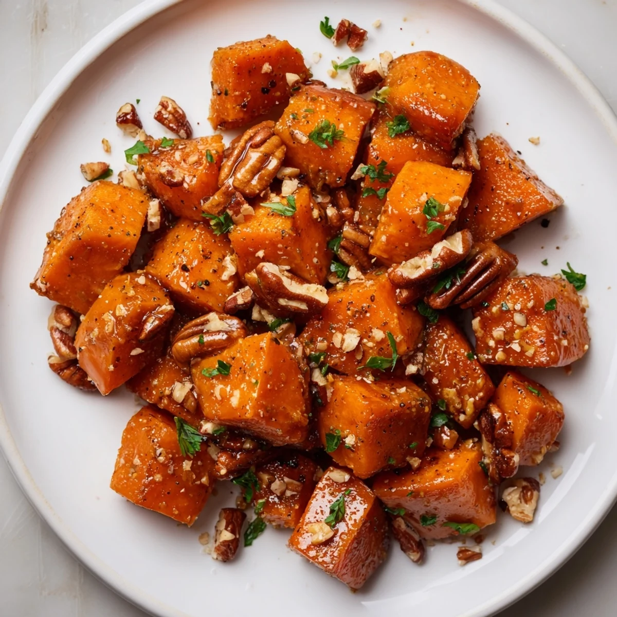 Roasted Sweet Potatoes with Maple and Pecans served warm, garnished with fresh parsley on a rustic wooden table.