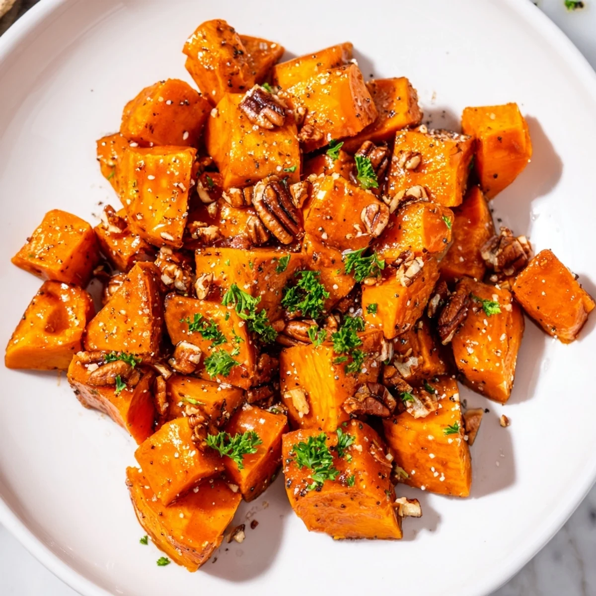 Golden roasted sweet potatoes glazed with maple syrup and topped with crunchy pecans on a serving platter.