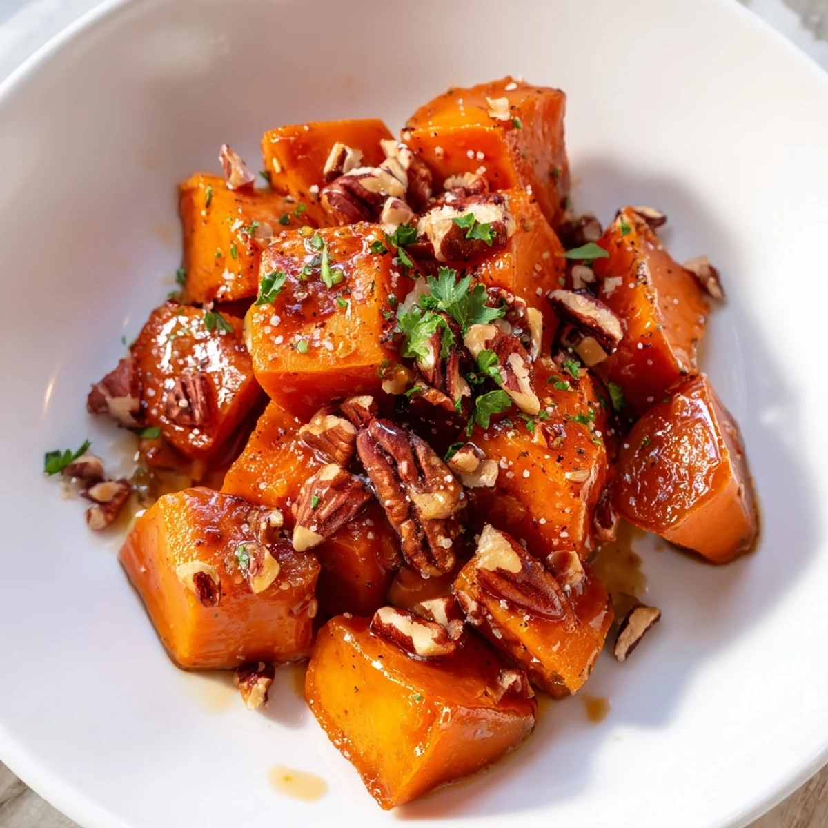 Close-up of Roasted Sweet Potatoes with Maple and Pecans, showcasing tender cubes and toasted nutty pecan pieces.