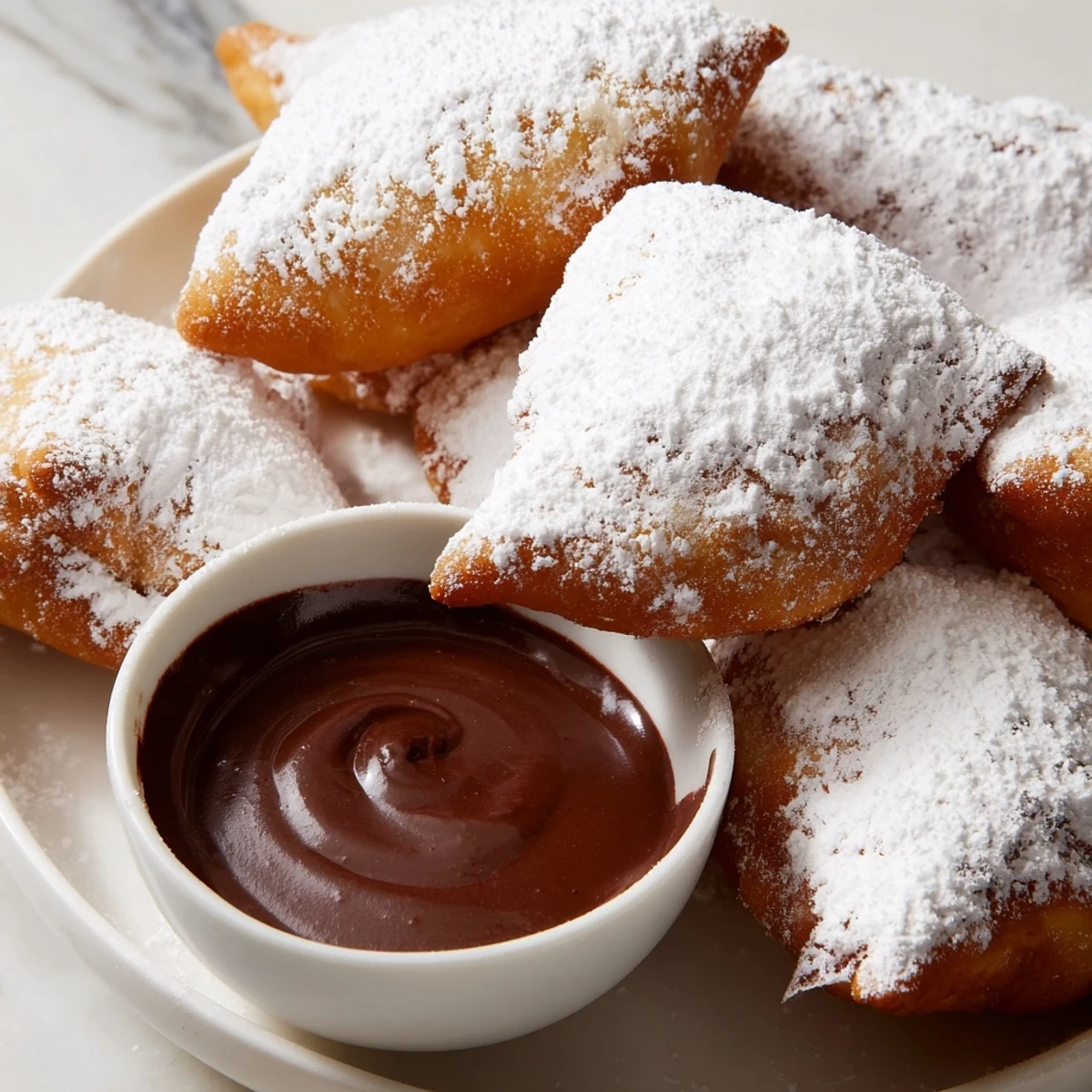 Golden-brown Mardi Gras Beignets with Chocolate Sauce are dusted with powdered sugar and served warm on a festive plate.