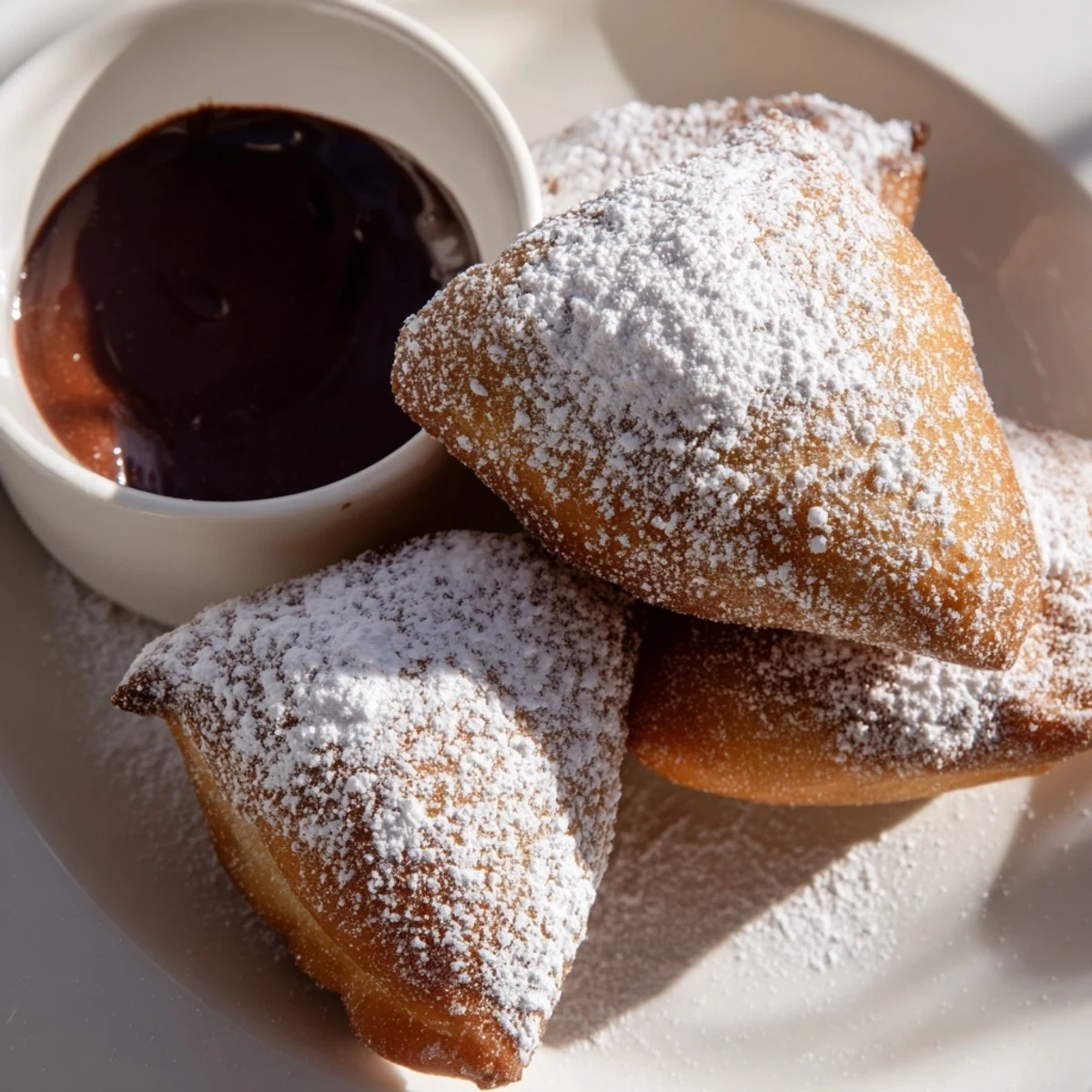 Freshly fried Mardi Gras Beignets with Chocolate Sauce stacked high, ready to be enjoyed with a steaming mug of coffee.