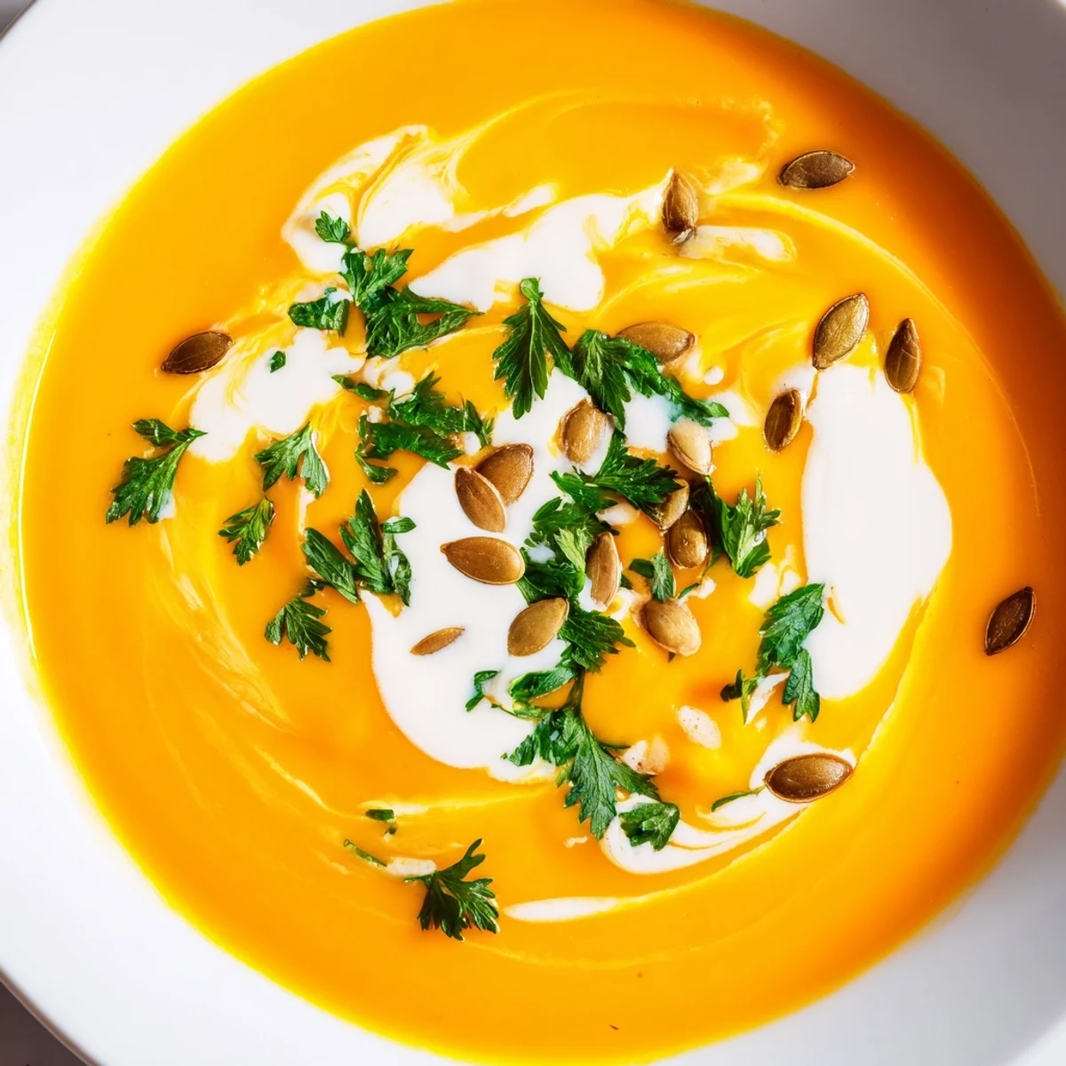 A warm bowl of Carrot and Ginger Soup with Coconut Milk garnished with fresh cilantro and toasted pumpkin seeds.