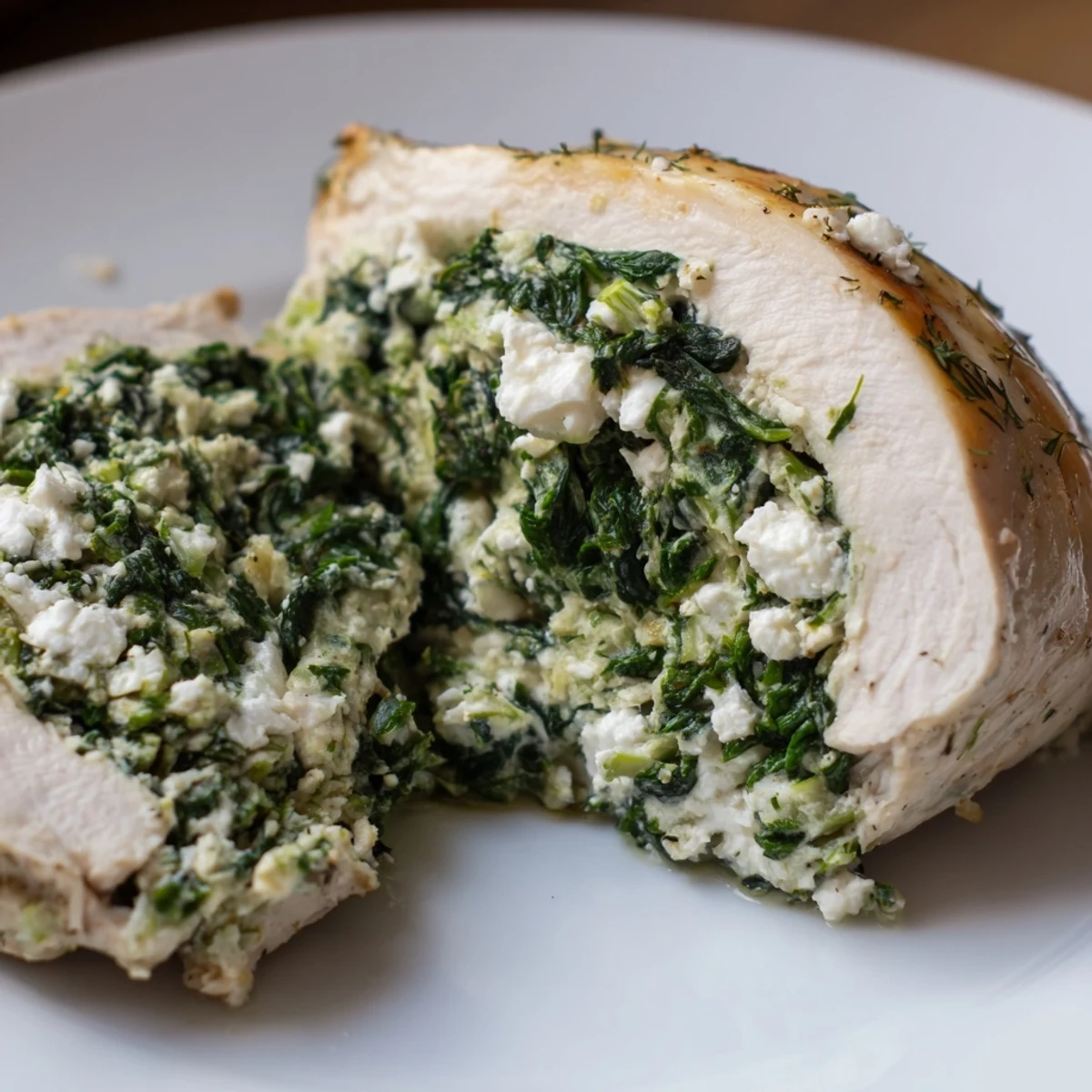 Juicy Spinach and Feta Stuffed Chicken Breast resting on a plate, garnished with fresh dill and lemon wedges.