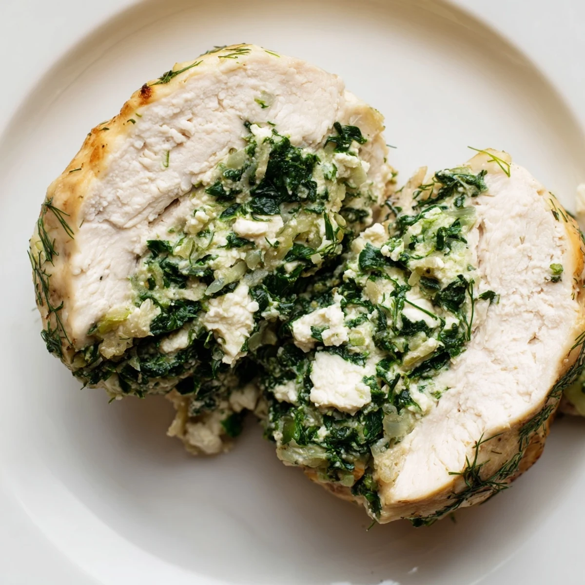 Four servings of Spinach and Feta Stuffed Chicken Breast sliced open to reveal the creamy green filling, served with roasted vegetables.