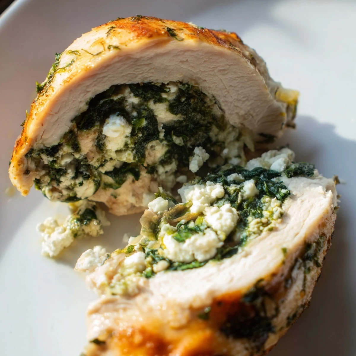 A close-up view of Spinach and Feta Stuffed Chicken Breast showcasing the golden baked exterior and melted feta inside.