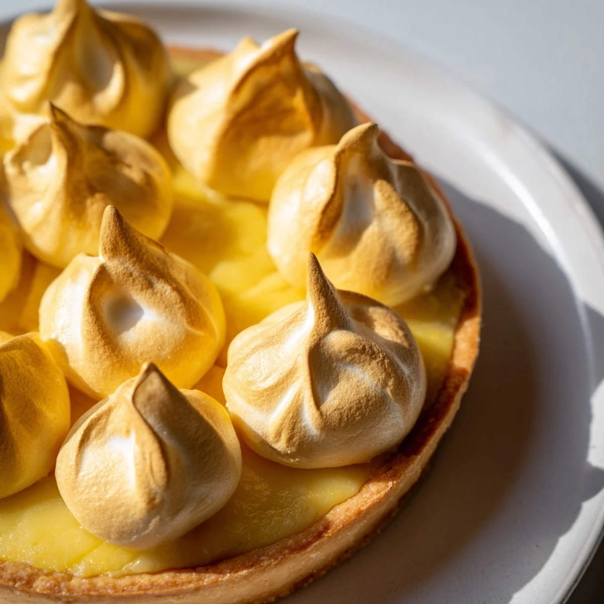 A slice of Irish Apple Amber Tart features a crisp, golden pastry base, tart apple purée, and a toasted meringue topping.