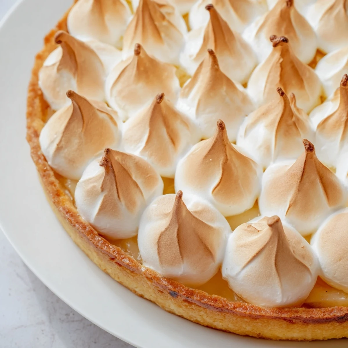 Freshly baked Irish Apple Amber Tart rests on a rustic plate, its pillowy meringue perfectly browned and inviting for dessert.