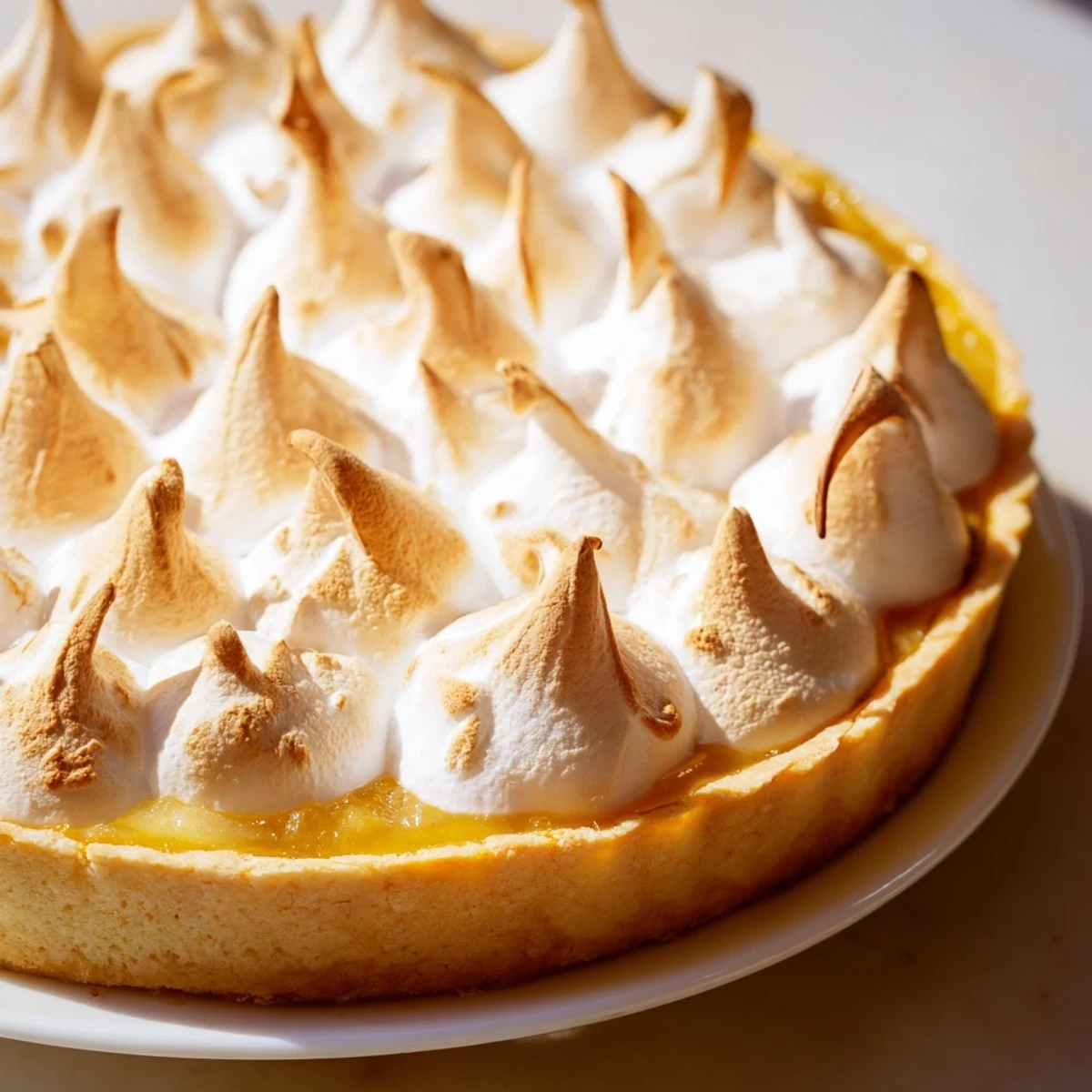 Close-up of Irish Apple Amber Tart showing a flaky buttery crust and the sweet, tender apple filling beneath a golden meringue.