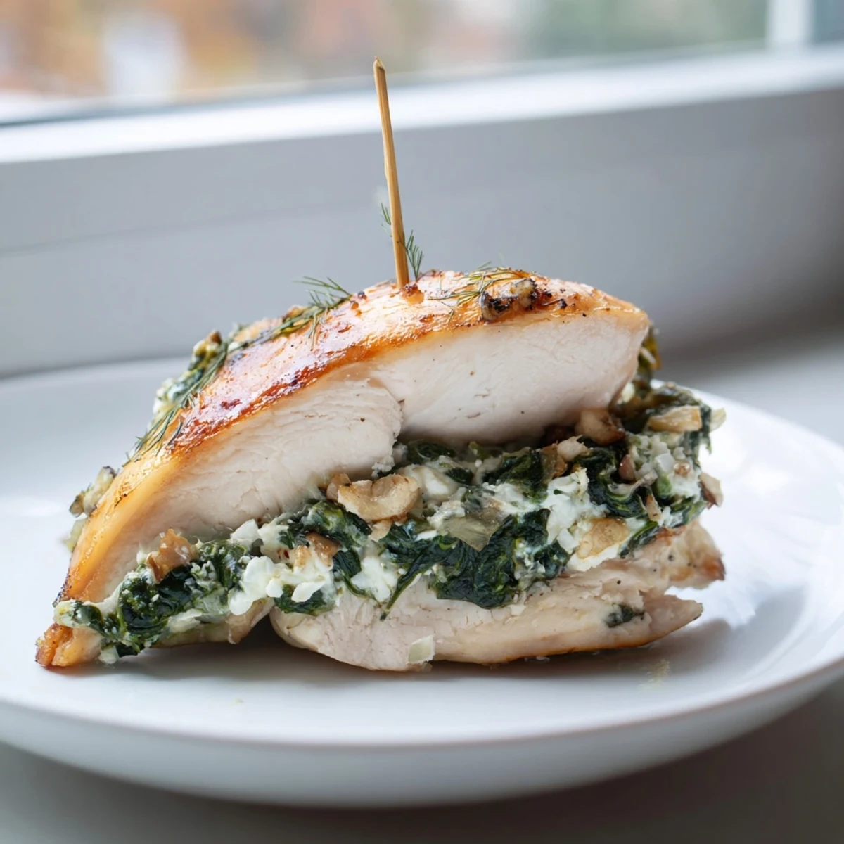 A close-up shows golden chicken breast stuffed with spinach and feta, plated with roasted veggies.