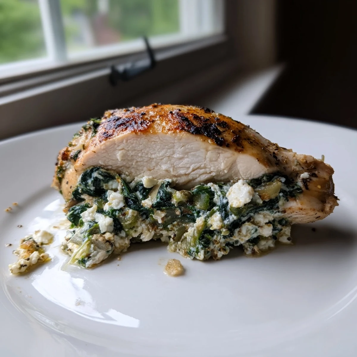 Spinach and feta stuffed chicken breast garnished with fresh dill, served on a white plate.