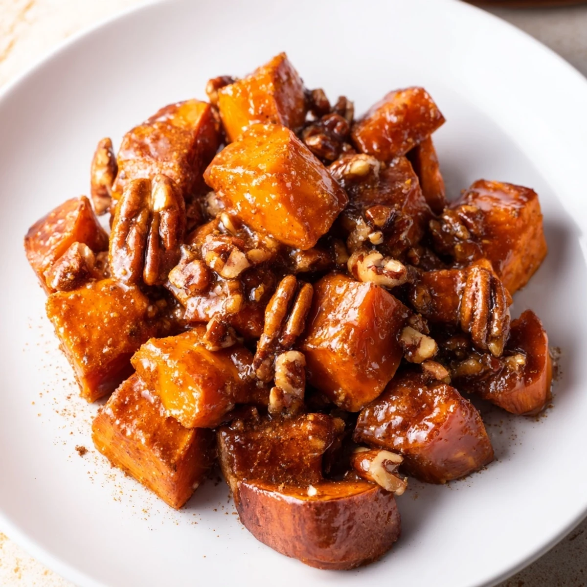 A serving of Roasted Sweet Potatoes with Maple Pecan Glaze and extra chopped pecans beside roasted chicken.