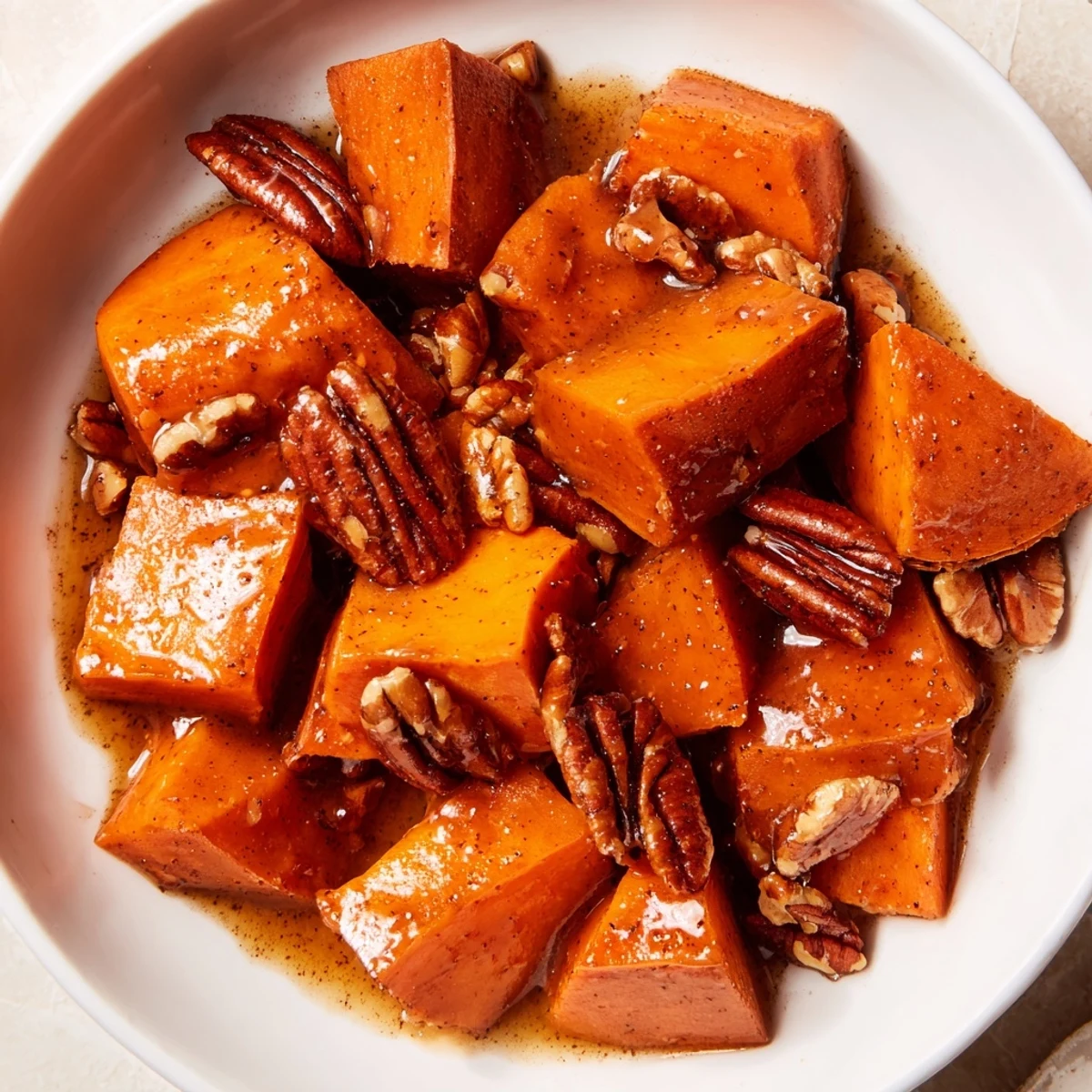 Roasted sweet potatoes in maple pecan glaze garnished on a white plate for a holiday side dish.