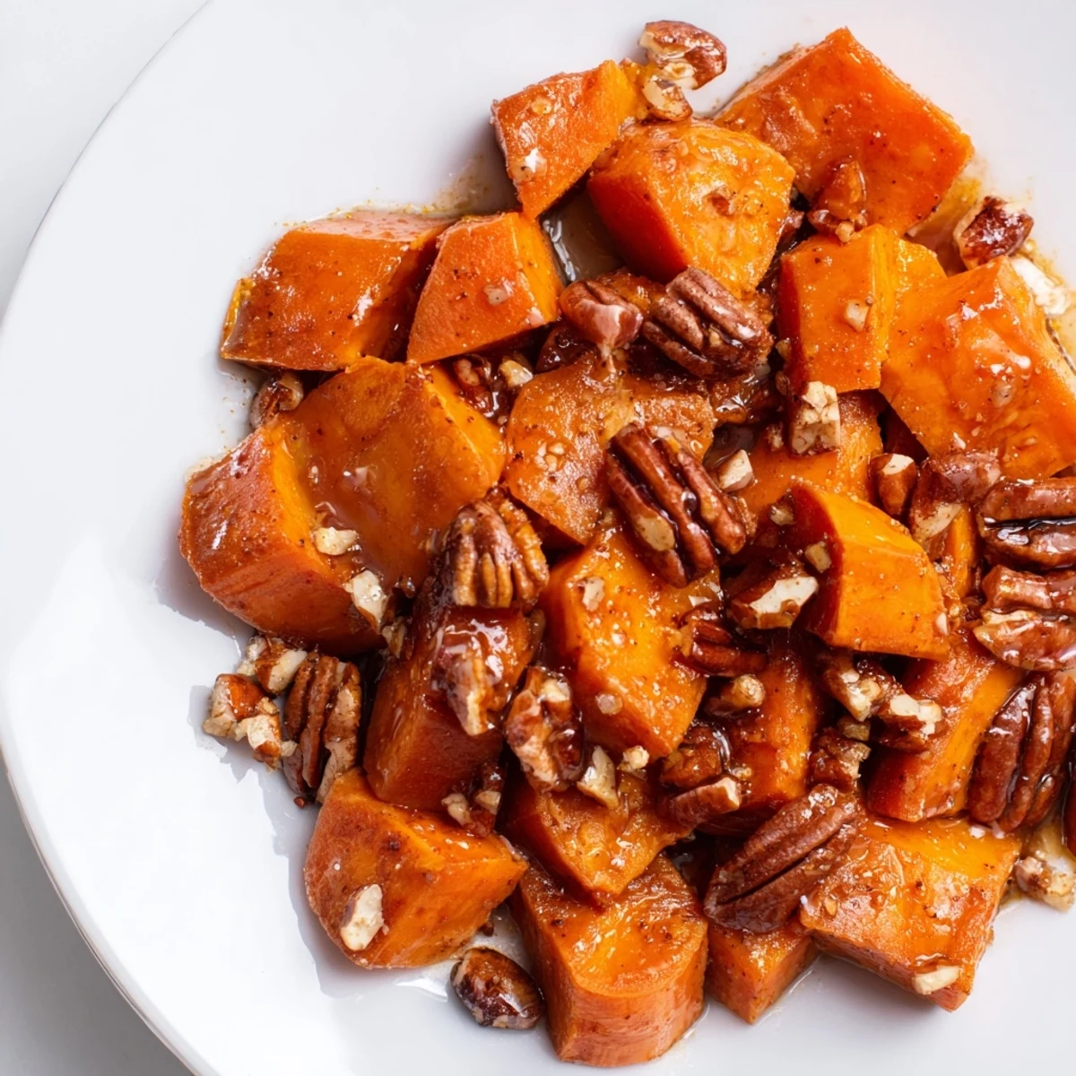 Cubed Roasted Sweet Potatoes with Maple Pecan Glaze glistening in a rustic ceramic bowl with a wooden spoon.