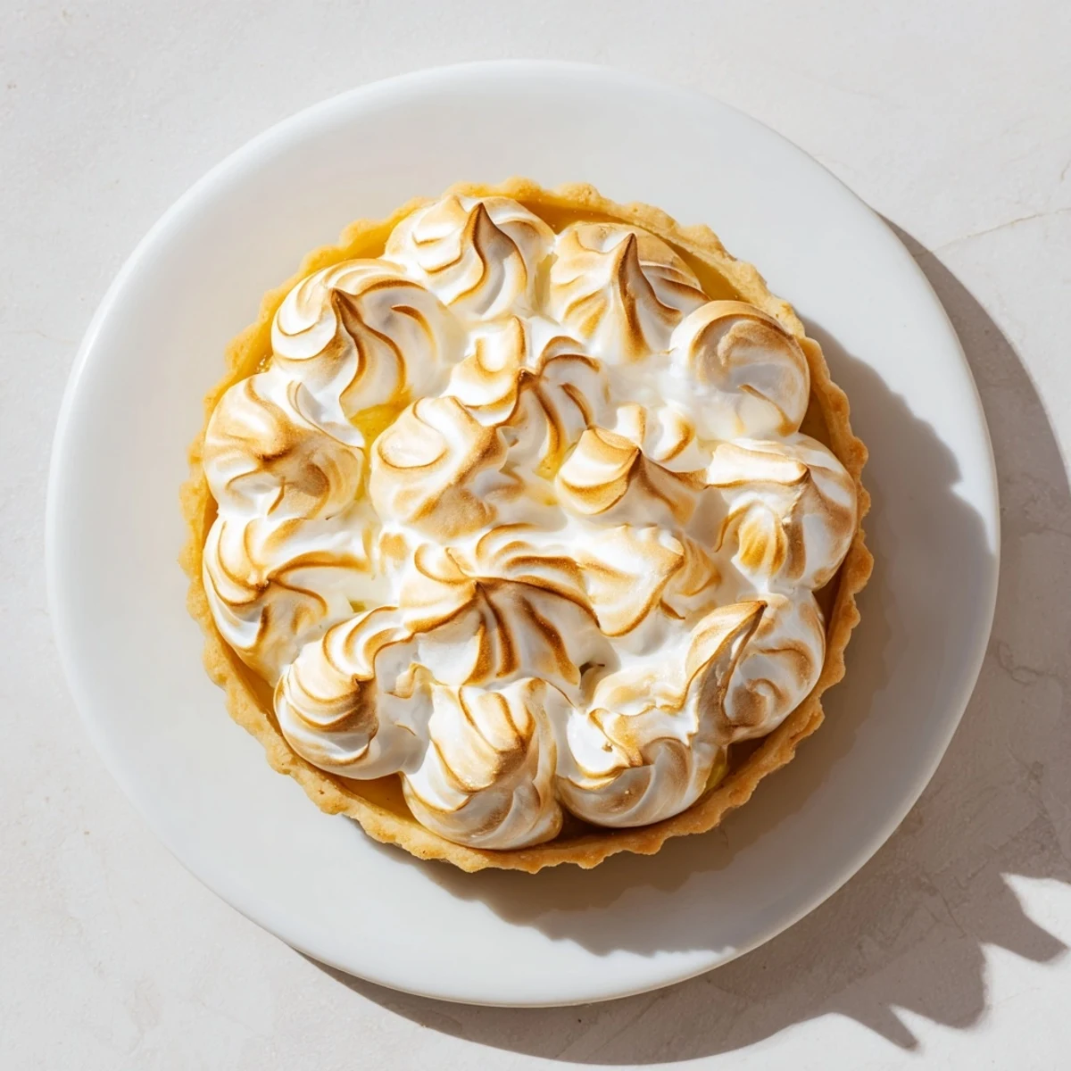 A close-up of Irish Apple Amber Tart with Meringue Top, showing golden-brown meringue swirls on baked pastry.