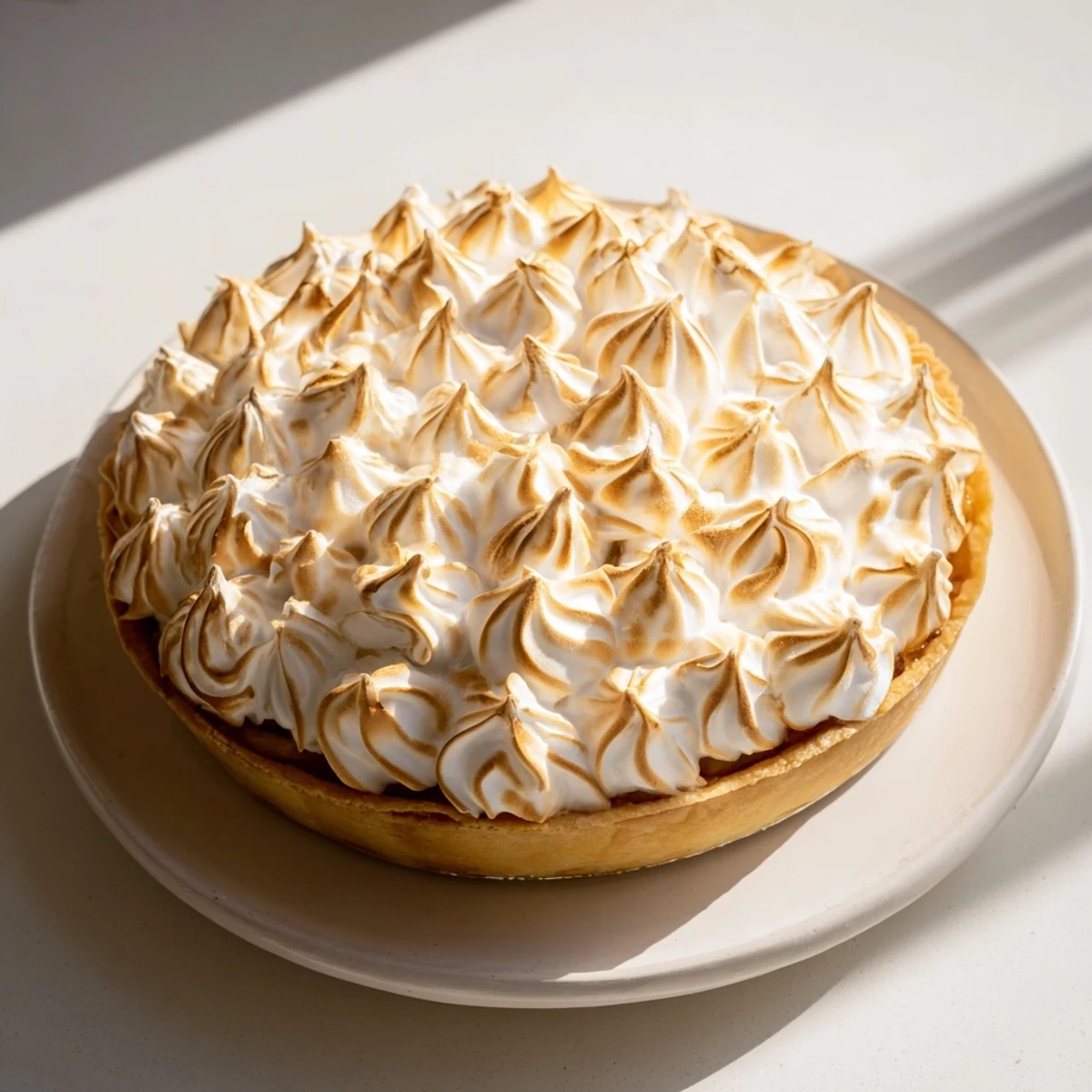 Overhead view of Irish Apple Amber Tart with Meringue Top on a rustic plate, dusted with powdered sugar.
