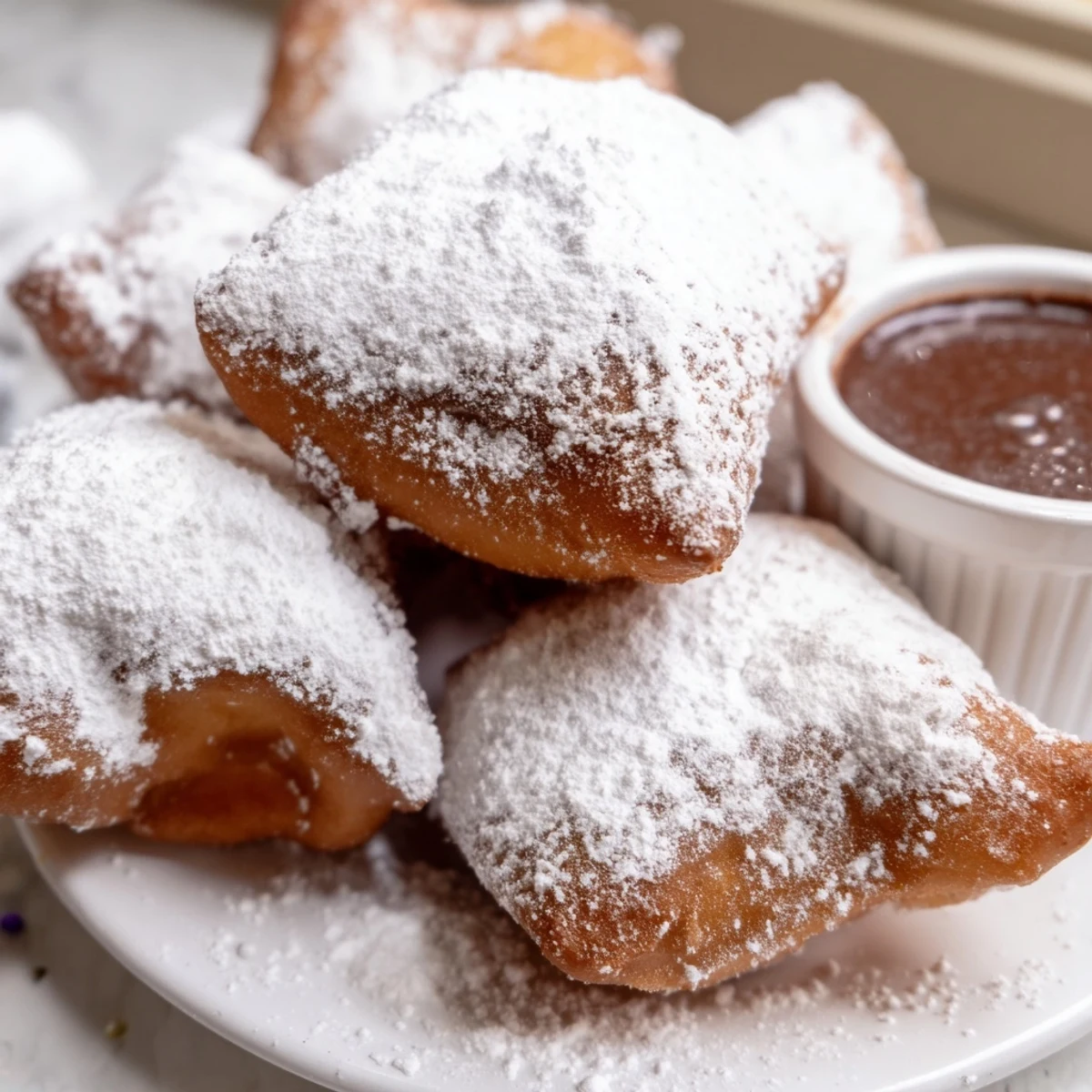 Warm Mardi Gras beignets stacked high with rich chocolate dipping sauce ready for dipping.