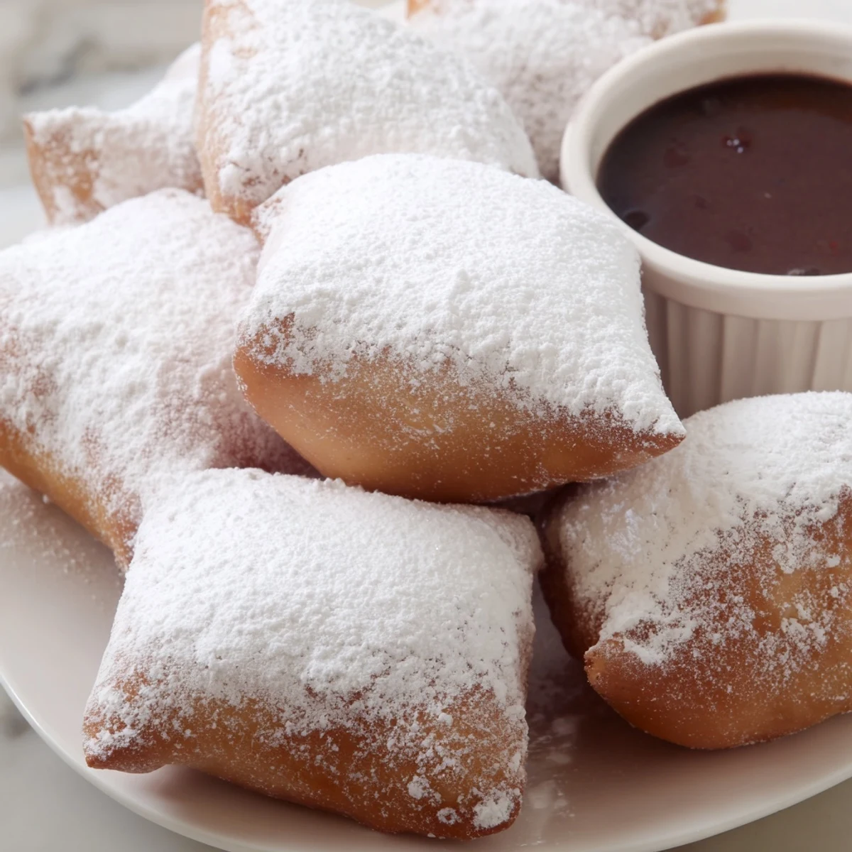 Golden Mardi Gras beignets dusted with powdered sugar alongside a cup of café au lait.