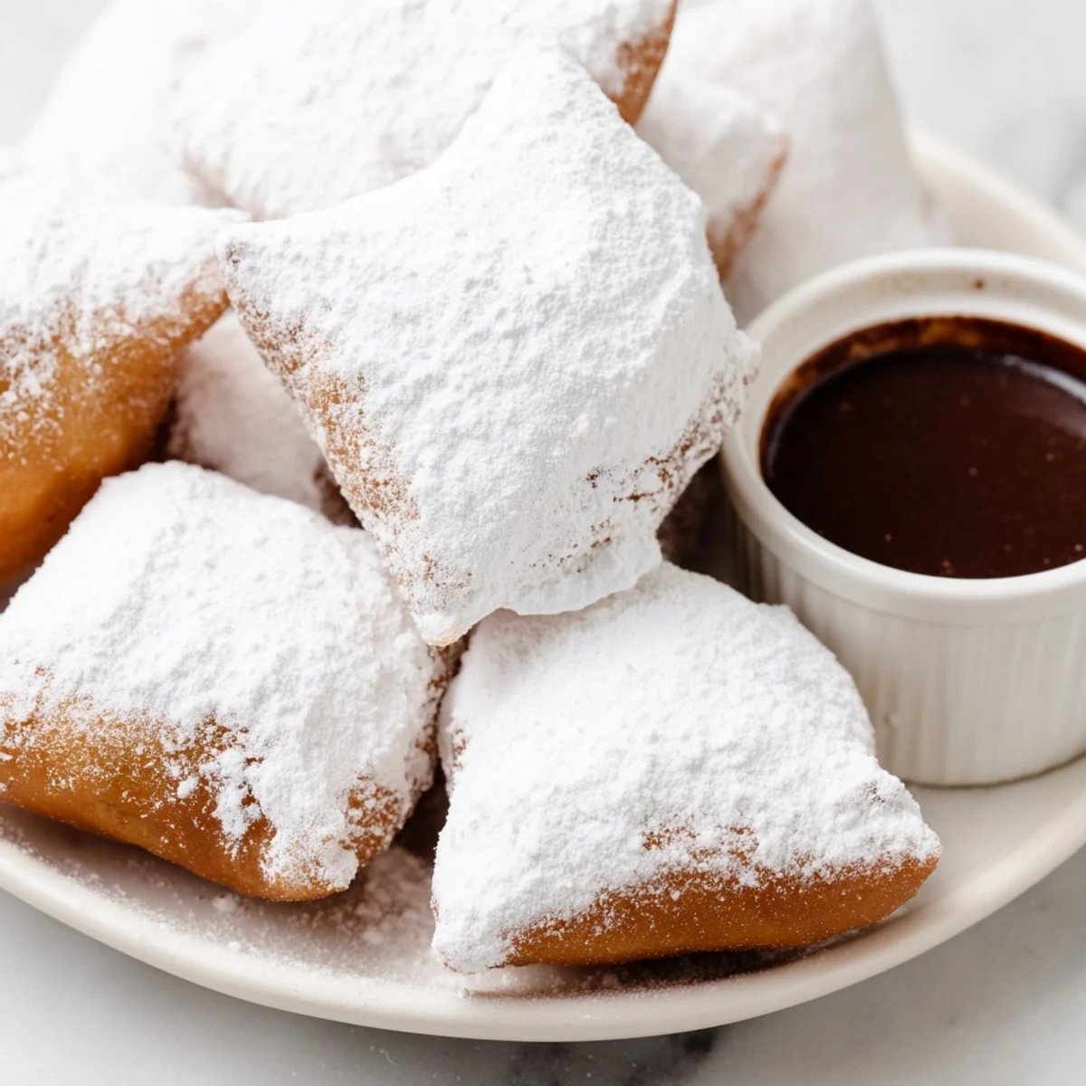 Freshly fried Mardi Gras beignets on a plate drizzled with warm chocolate sauce.