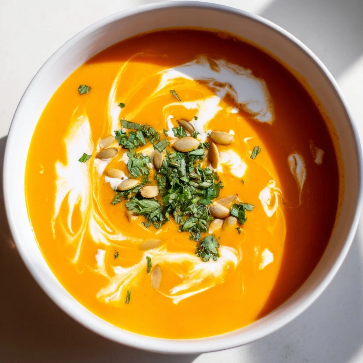Steaming bowl of Carrot and Ginger Soup with Coconut Cream beside fresh ingredients for garnish.