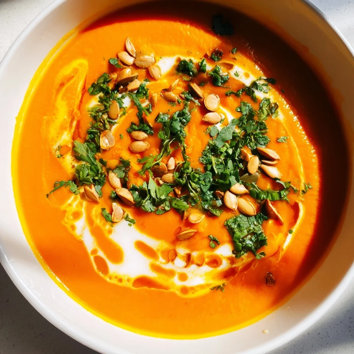 A close-up of creamy Carrot and Ginger Soup with Coconut Cream garnished with cilantro and seeds.