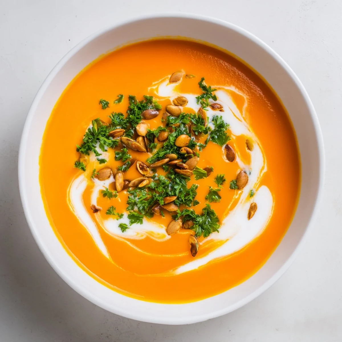 Vibrant bowl of Carrot and Ginger Soup with Coconut Cream served with crusty bread slices.