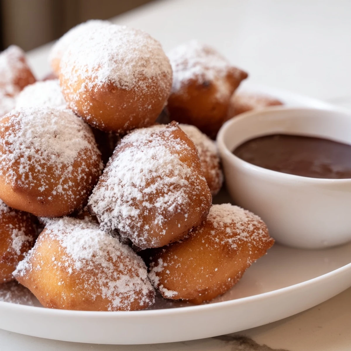 Golden fried Mardi Gras Beignets dusted with powdered sugar, paired with a warm chocolate dipping sauce.  