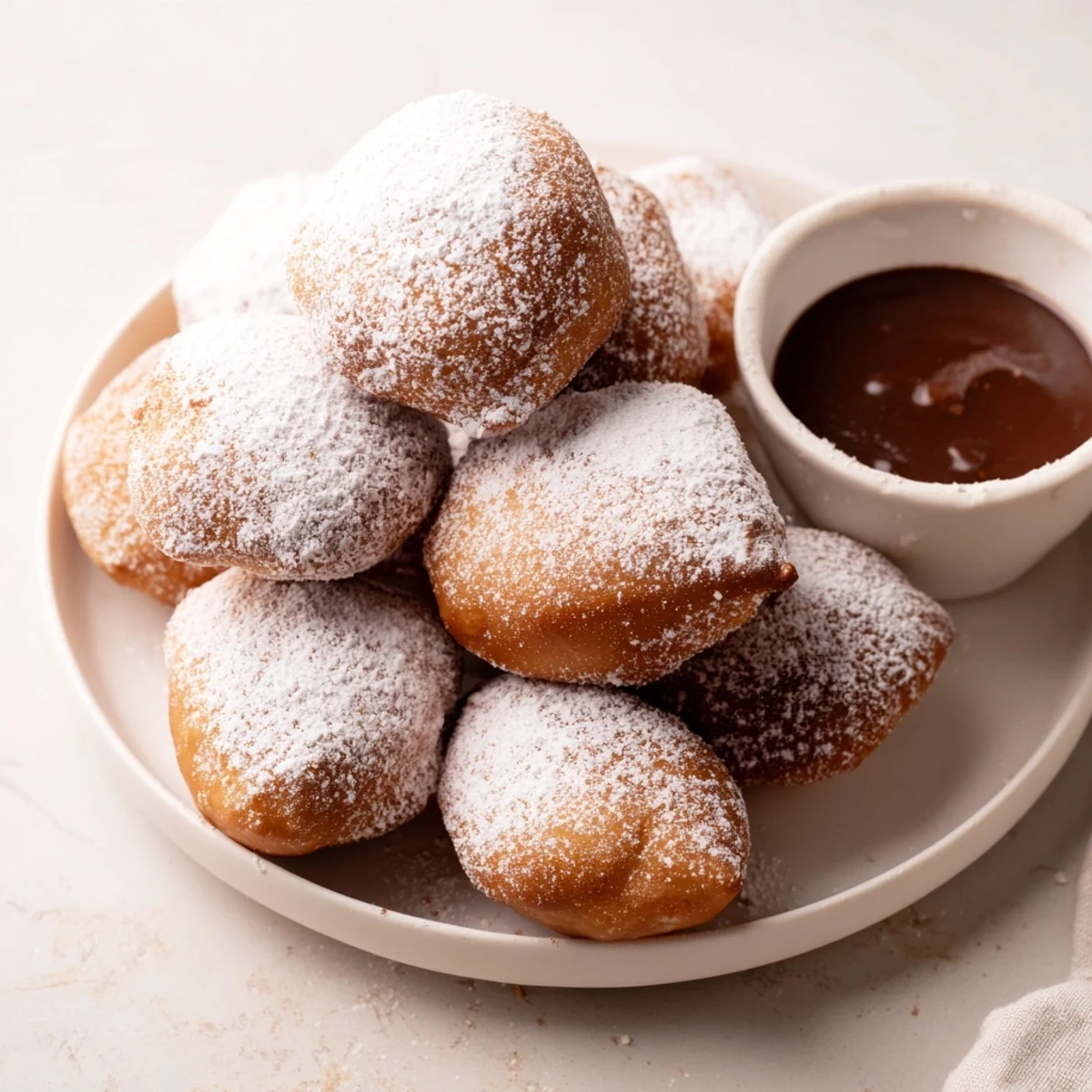 Plated Mardi Gras Beignets with powdered sugar and chocolate sauce for a festive dessert.
