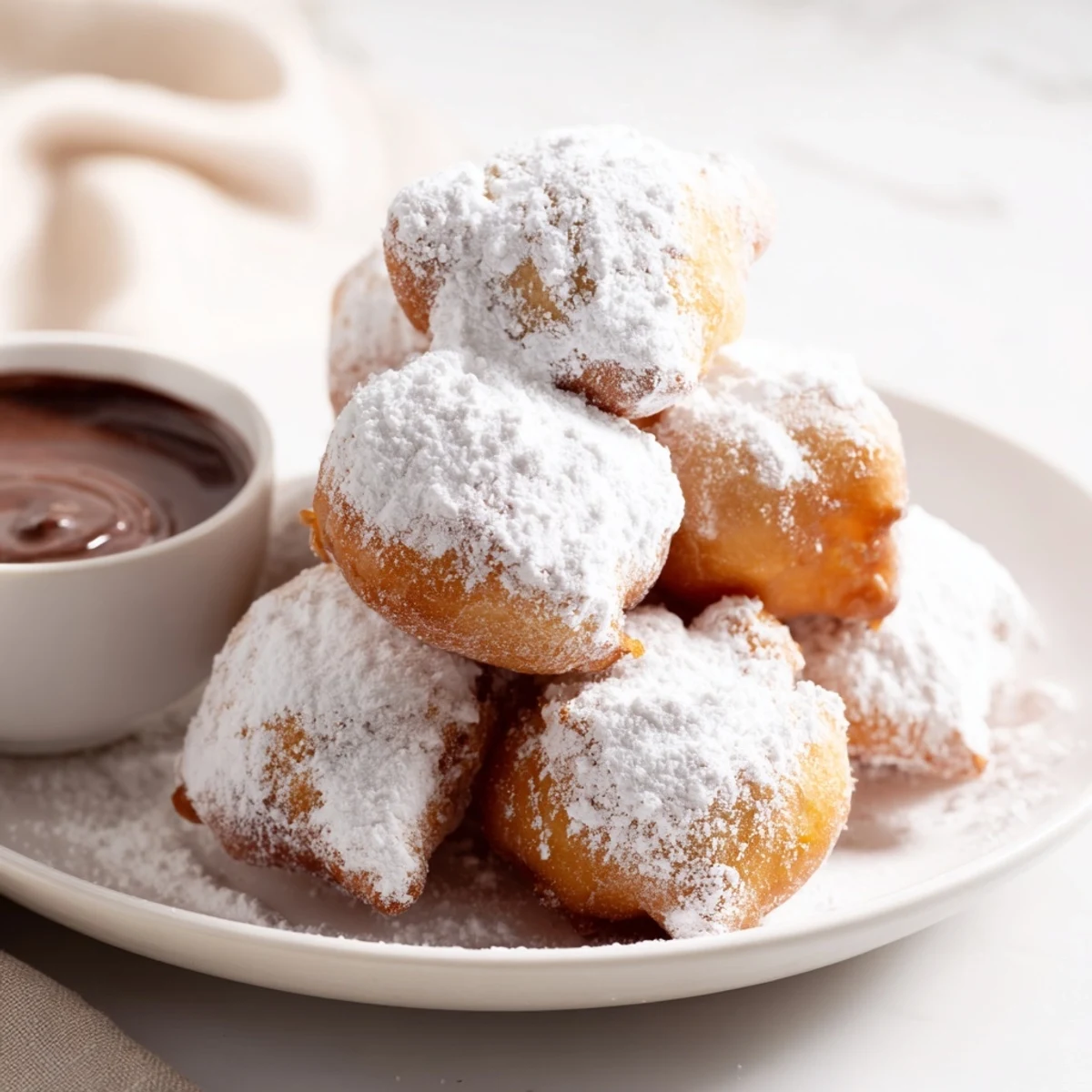 Freshly fried Mardi Gras Beignets on a plate with powdered sugar and rich chocolate sauce.  