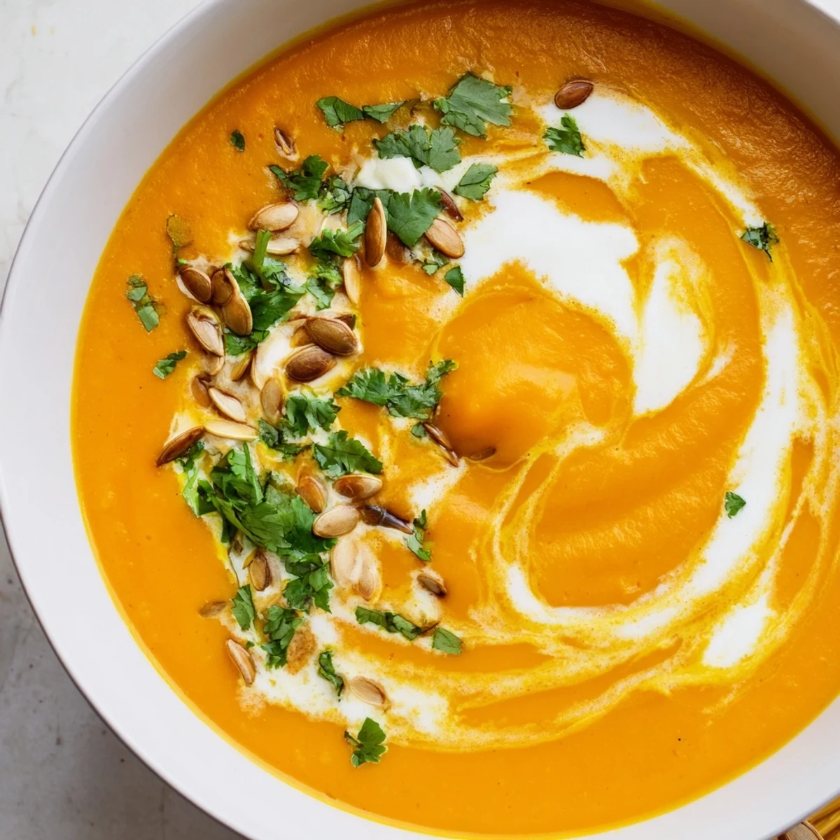 Velvety orange Carrot and Ginger Soup with Coconut Cream swirled in a rustic bowl, steam rising from the aromatic, creamy vegan broth. 