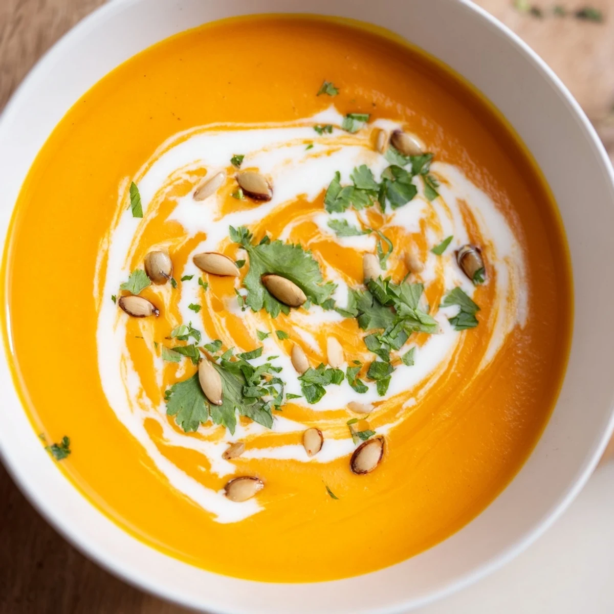 Close-up of Carrot and Ginger Soup with Coconut Cream topped with toasted pumpkin seeds, ready to serve as a comforting dinner.