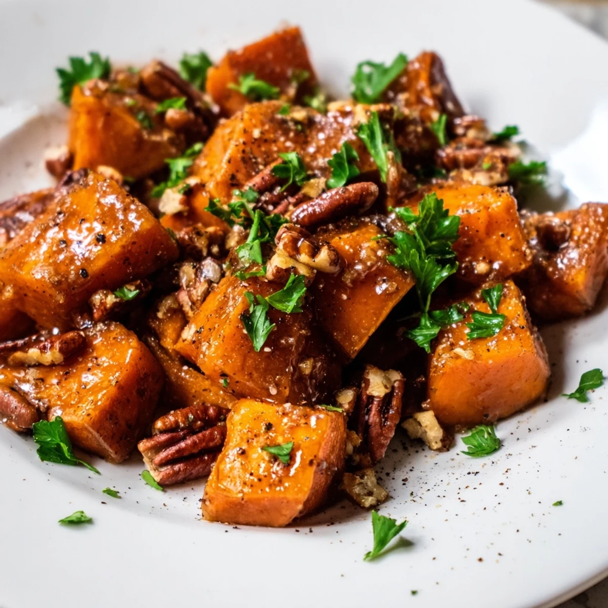 Roasted Sweet Potatoes with Maple Pecan Glaze on a wooden board, highlighting caramelized edges and pecan bits.