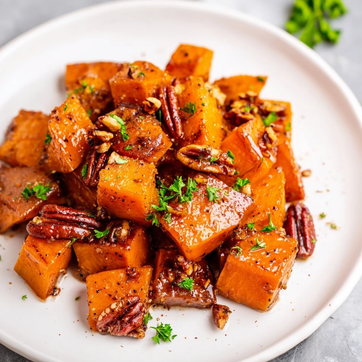 Roasted Sweet Potatoes with Maple Pecan Glaze glistening on a rustic platter, garnished with fresh parsley.