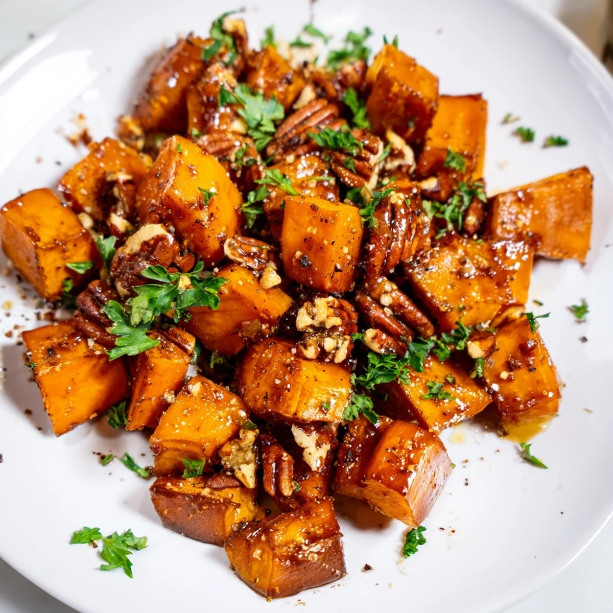 Roasted Sweet Potatoes with Maple Pecan Glaze served warm beside a golden roasted chicken for a fall dinner.