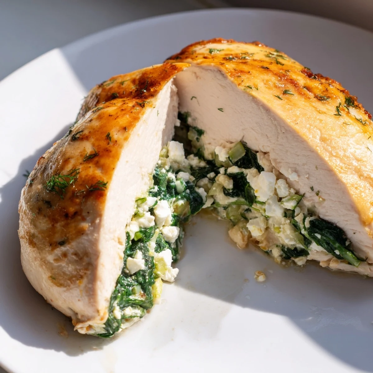 Four golden-baked Spinach and Feta Stuffed Chicken Breasts rest on a white plate, revealing a vibrant green filling of spinach, feta, and herbs.