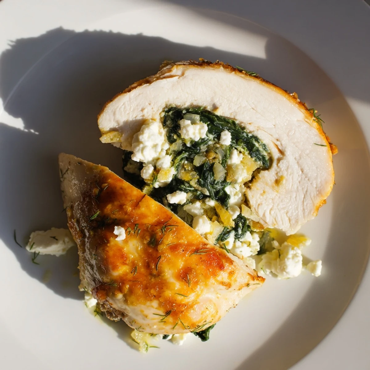 Savory Spinach and Feta Stuffed Chicken Breast sliced to show creamy filling, served alongside roasted vegetables on a rustic wooden table for dinner.