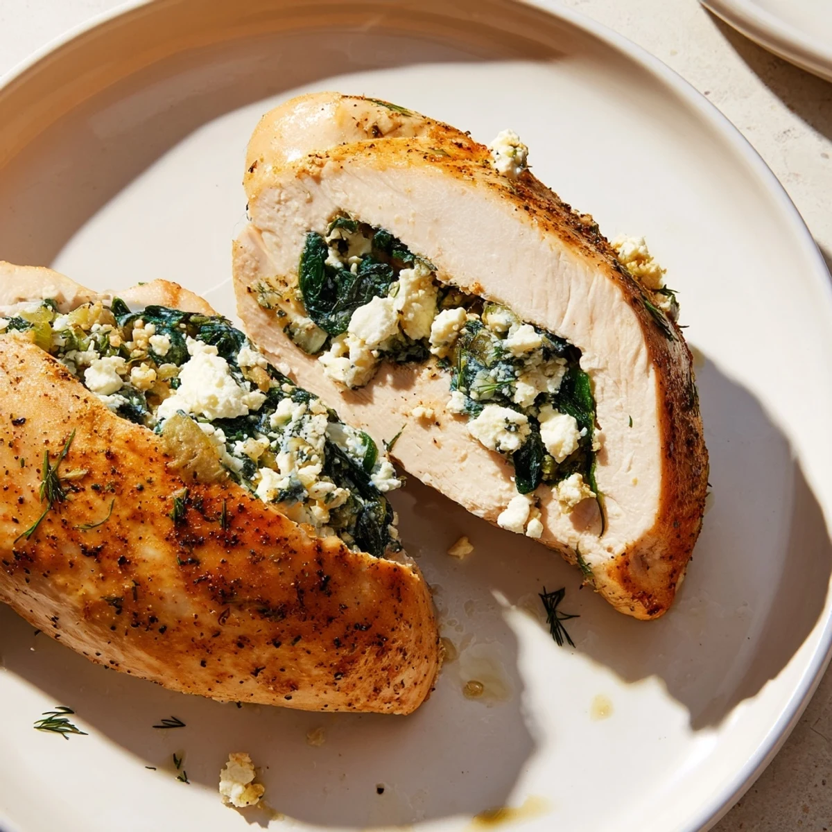 Juicy Spinach and Feta Stuffed Chicken Breast cooked to golden perfection, garnished with fresh dill and lemon zest on a ceramic platter.
