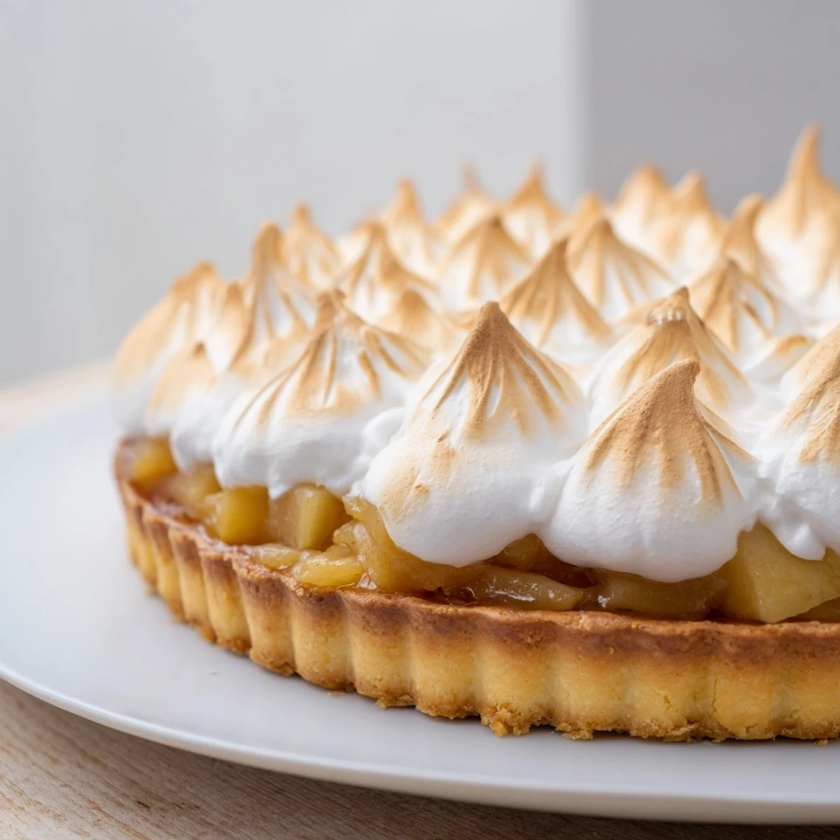 Freshly baked Irish Apple Amber Tart with Meringue Top reveals golden, crackly peaks over spiced apple filling.
