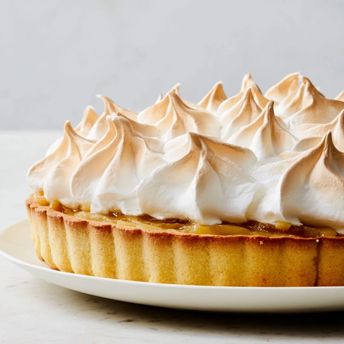 Slices of warm Irish Apple Amber Tart with Meringue Top pair with whipped cream on a rustic plate.