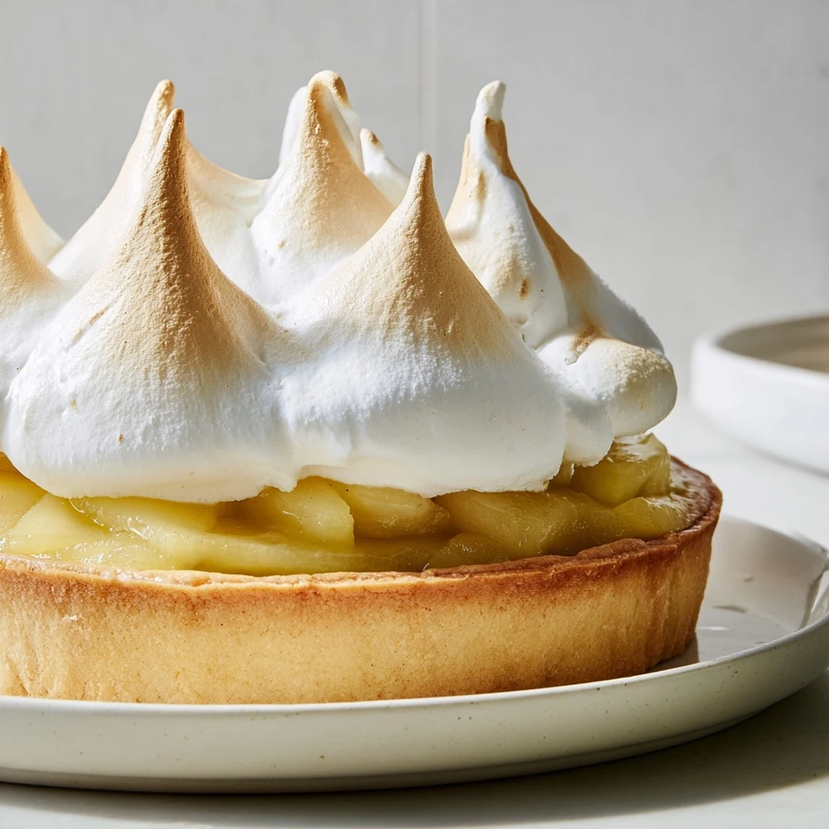 Close-up of Irish Apple Amber Tart with Meringue Top shows buttery crust, tender apples, and fluffy meringue.