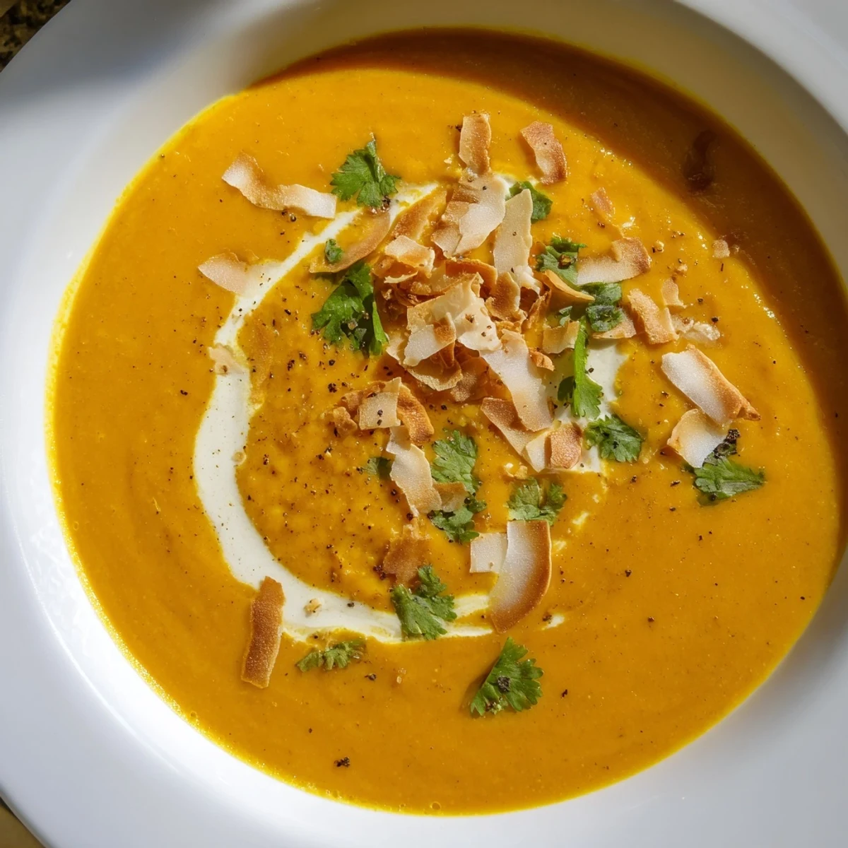 A bowl of vibrant orange Carrot and Ginger Soup with Coconut Milk, garnished with cilantro and coconut flakes, served warm.