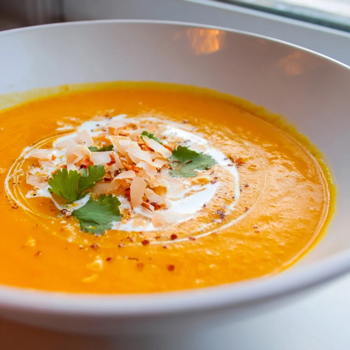 The simmering Carrot and Ginger Soup with Coconut Milk in a pot features creamy texture, golden carrots, and aromatic ginger spices.