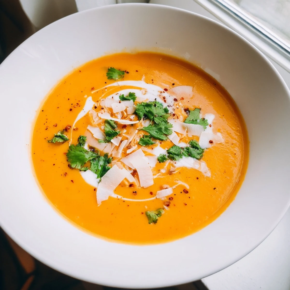 Fresh ingredients for Carrot and Ginger Soup with Coconut Milk are arranged beside a bowl, showing a perfect light vegan lunch.