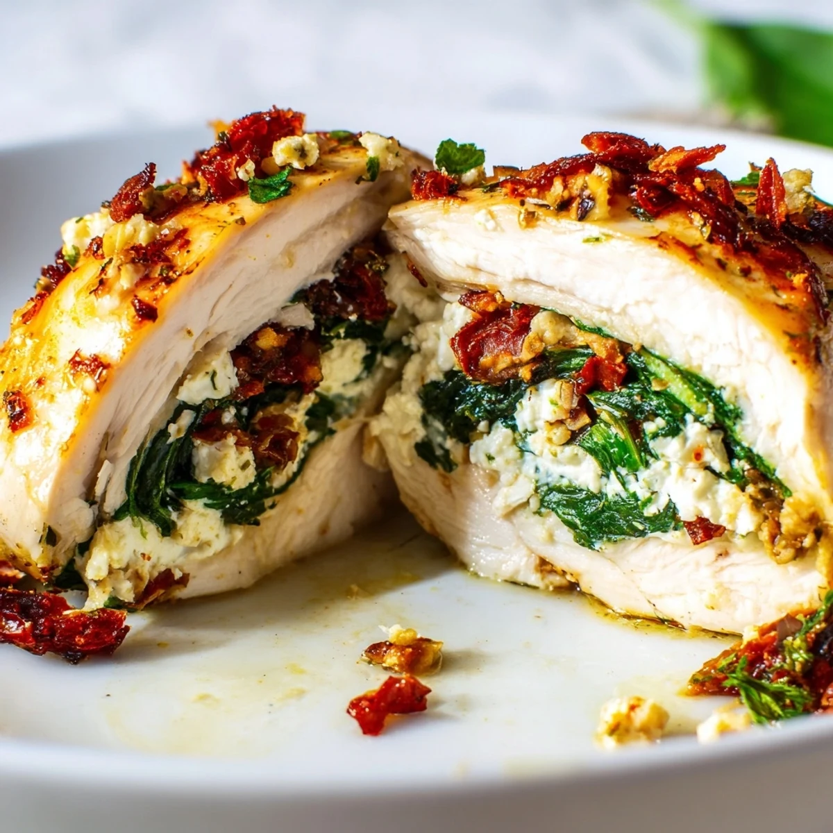 Juicy Spinach and Feta Stuffed Chicken Breast resting on a plate, perfect for a low-carb dinner.