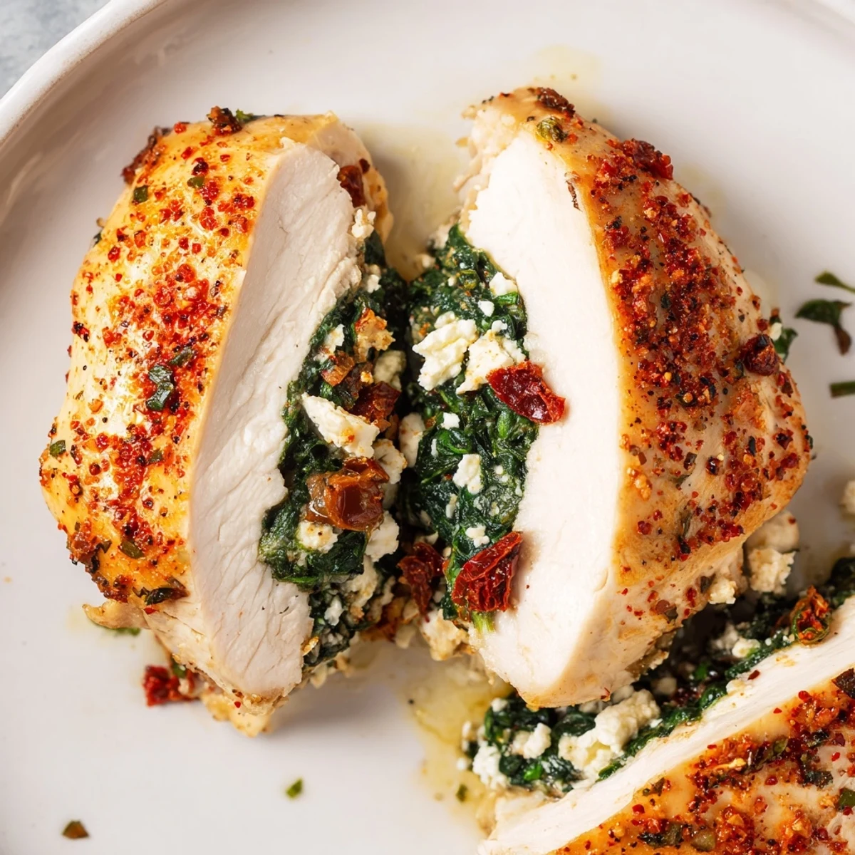 Golden-baked Spinach and Feta Stuffed Chicken Breast cut open to reveal vibrant green spinach and creamy feta.