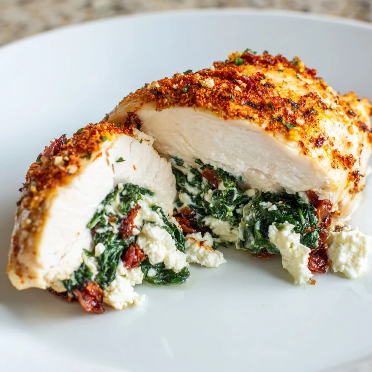 Savory Spinach and Feta Stuffed Chicken Breast served alongside roasted asparagus for a complete Mediterranean meal.