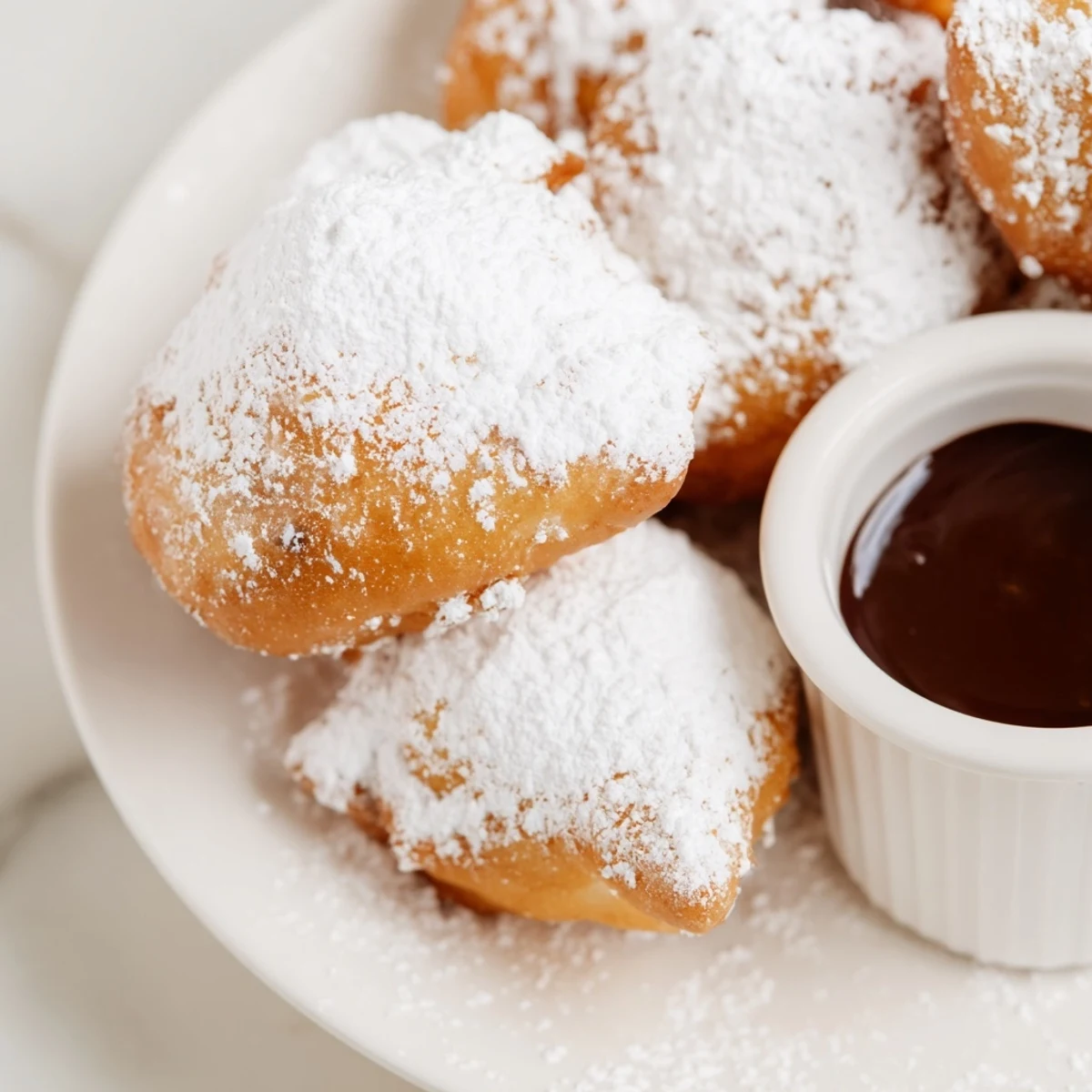 Golden Mardi Gras Beignets with chocolate sauce, dusted in powdered sugar on a plate.